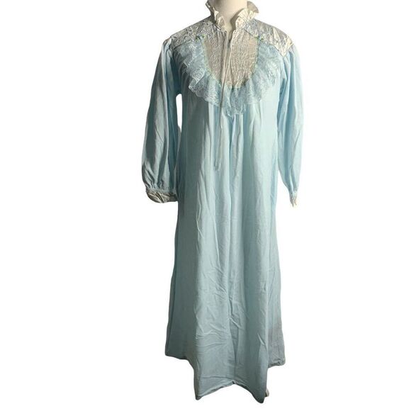 Vintage Gilligan Omalley House Coat Robe S Blue Velvet Zip Pockets Nightgown - Picture 2 of 6